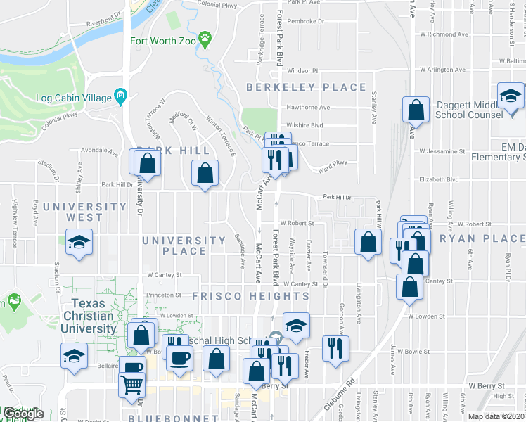 map of restaurants, bars, coffee shops, grocery stores, and more near 2525 McCart Avenue in Fort Worth