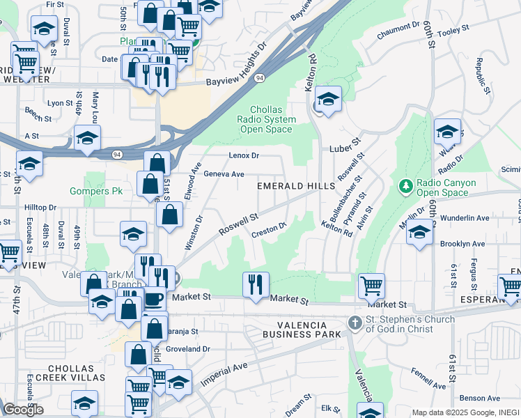 map of restaurants, bars, coffee shops, grocery stores, and more near 5454 Roswell Street in San Diego