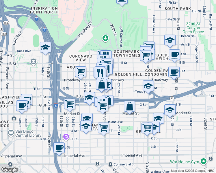 map of restaurants, bars, coffee shops, grocery stores, and more near 2532 E Street in San Diego