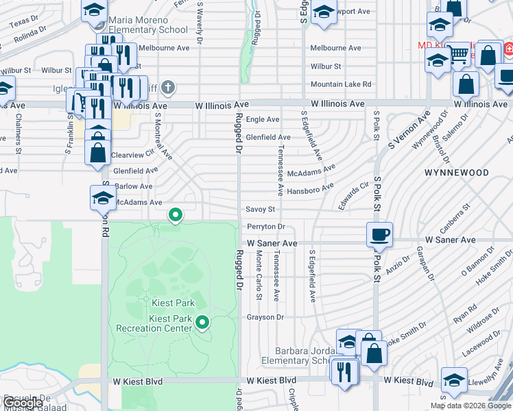 map of restaurants, bars, coffee shops, grocery stores, and more near 1635 Savoy Street in Dallas