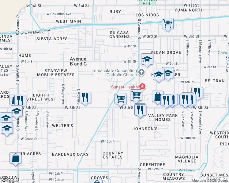 map of restaurants, bars, coffee shops, grocery stores, and more near 697 South Clifford Way in Yuma