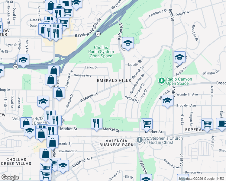 map of restaurants, bars, coffee shops, grocery stores, and more near 5579 Creston Dr in San Diego