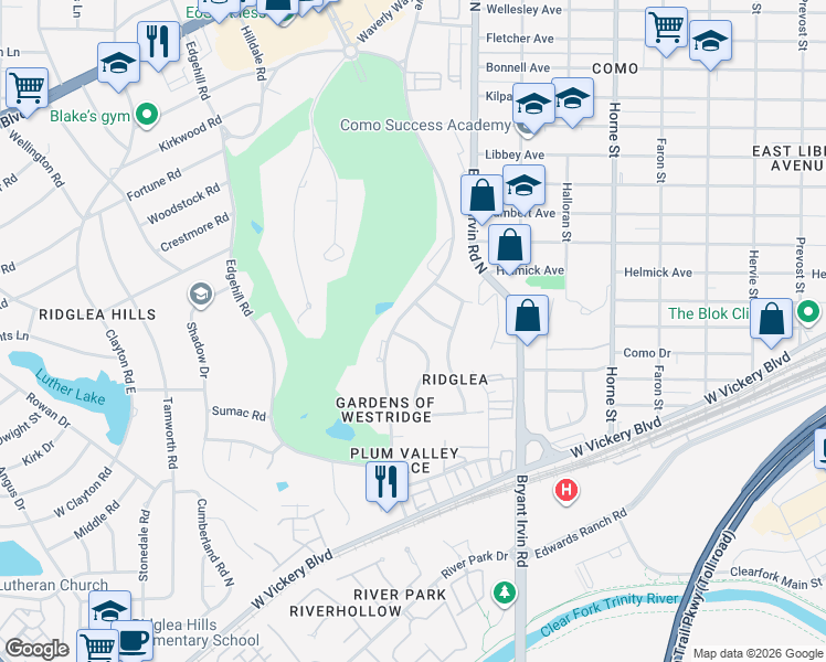 map of restaurants, bars, coffee shops, grocery stores, and more near 4709 Winthrop Avenue West in Fort Worth