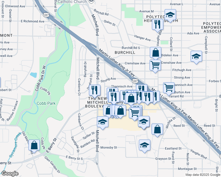 map of restaurants, bars, coffee shops, grocery stores, and more near 2666 Thannisch Avenue in Fort Worth