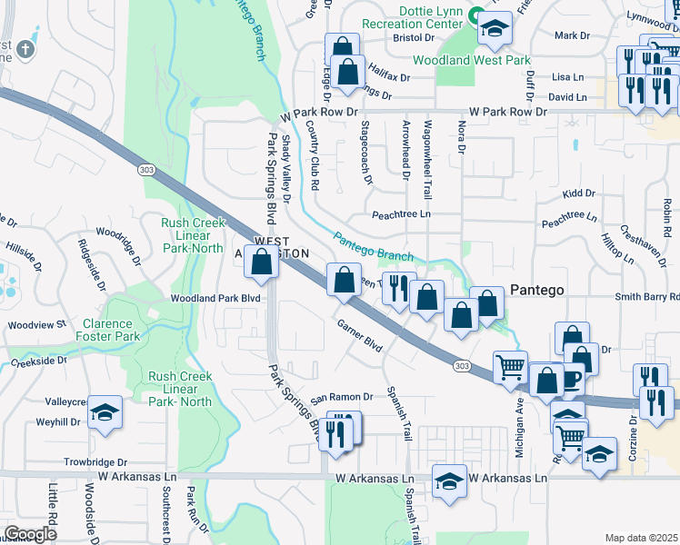 map of restaurants, bars, coffee shops, grocery stores, and more near 3605 Shady Valley Drive in Pantego