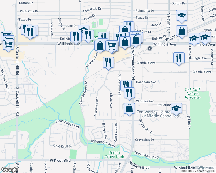 map of restaurants, bars, coffee shops, grocery stores, and more near 2912 Clovis Avenue in Dallas
