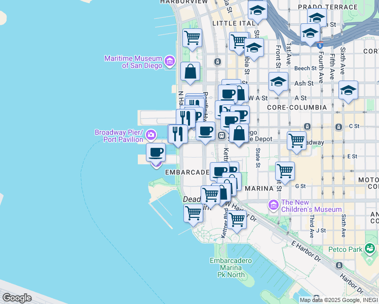 map of restaurants, bars, coffee shops, grocery stores, and more near 937 North Harbor Drive in San Diego