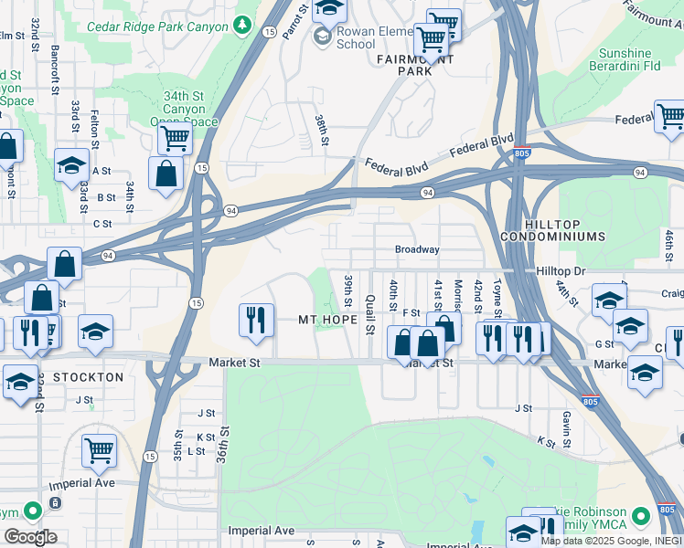 map of restaurants, bars, coffee shops, grocery stores, and more near 3831 Hilltop Dr in San Diego