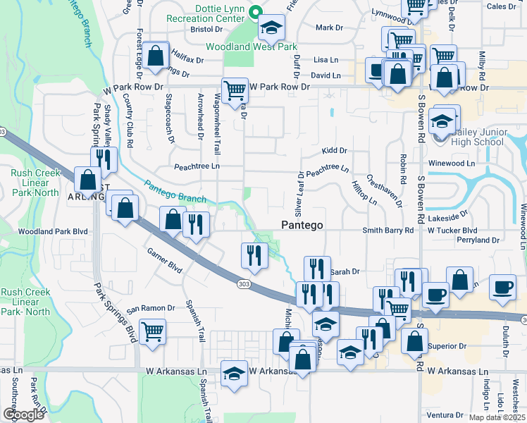 map of restaurants, bars, coffee shops, grocery stores, and more near 2 Gregory Court in Pantego