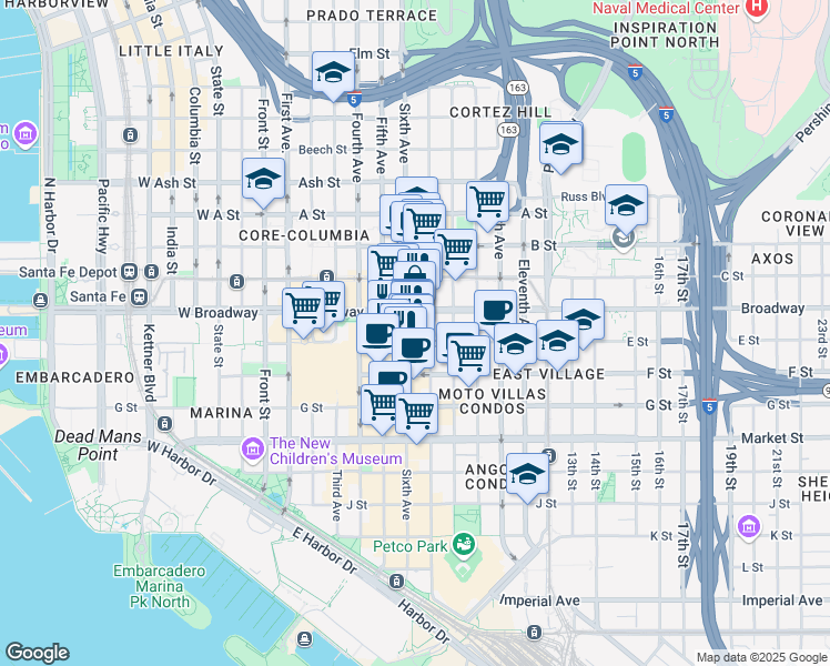 map of restaurants, bars, coffee shops, grocery stores, and more near 921 Sixth Avenue in San Diego