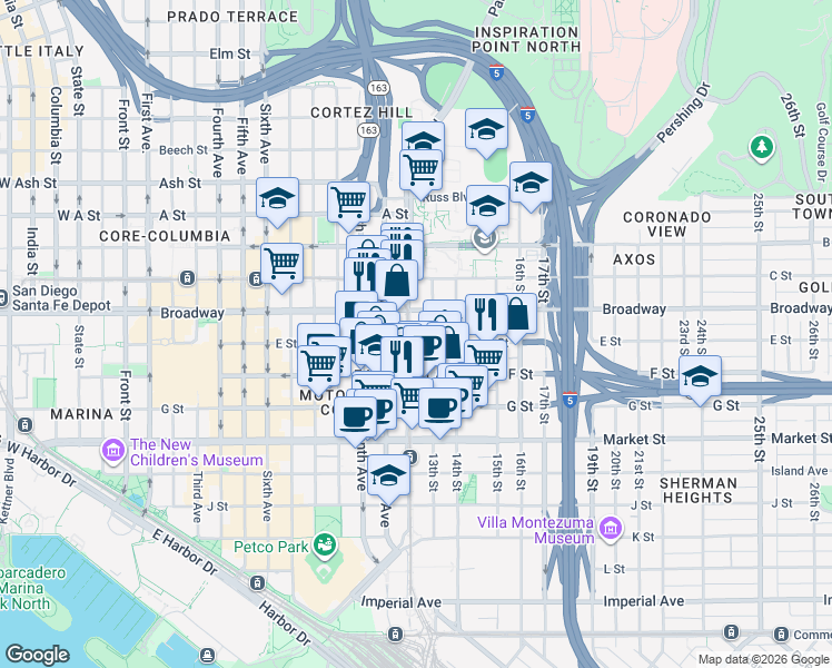 map of restaurants, bars, coffee shops, grocery stores, and more near 901 12th Avenue in San Diego