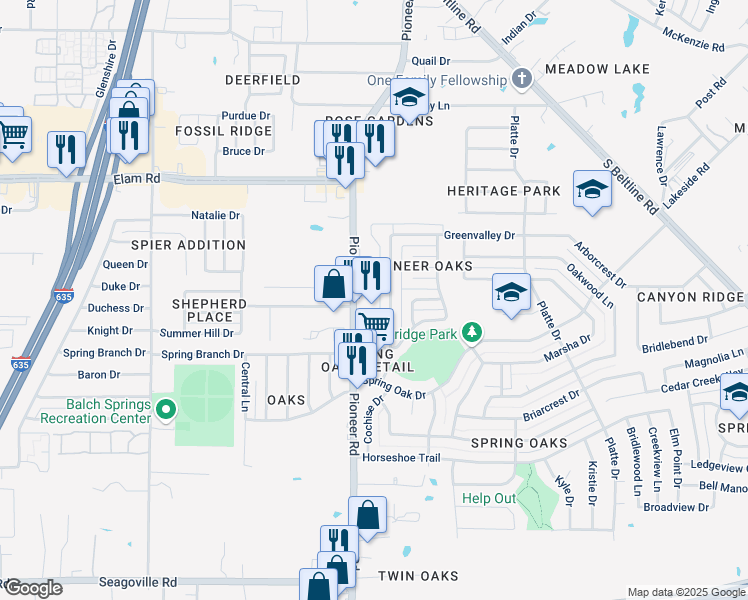 map of restaurants, bars, coffee shops, grocery stores, and more near 110 Pioneer Oaks in Balch Springs