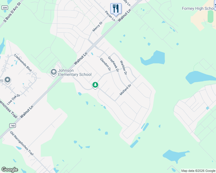 map of restaurants, bars, coffee shops, grocery stores, and more near 1008 Macaw Court in Forney