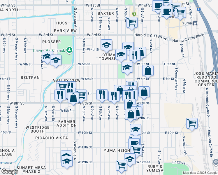 map of restaurants, bars, coffee shops, grocery stores, and more near 660 South 7th Avenue in Yuma