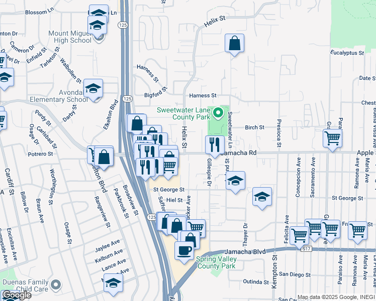 map of restaurants, bars, coffee shops, grocery stores, and more near 8828-32 Jamacha Road in Spring Valley