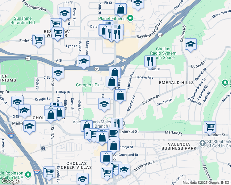 map of restaurants, bars, coffee shops, grocery stores, and more near 864 Euclid Avenue in San Diego
