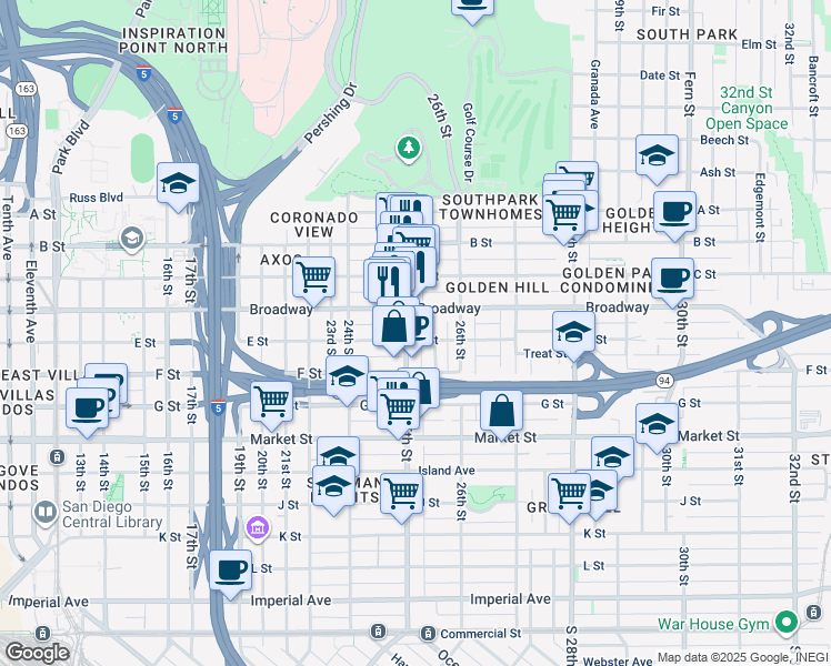 map of restaurants, bars, coffee shops, grocery stores, and more near 2532 E Street in San Diego