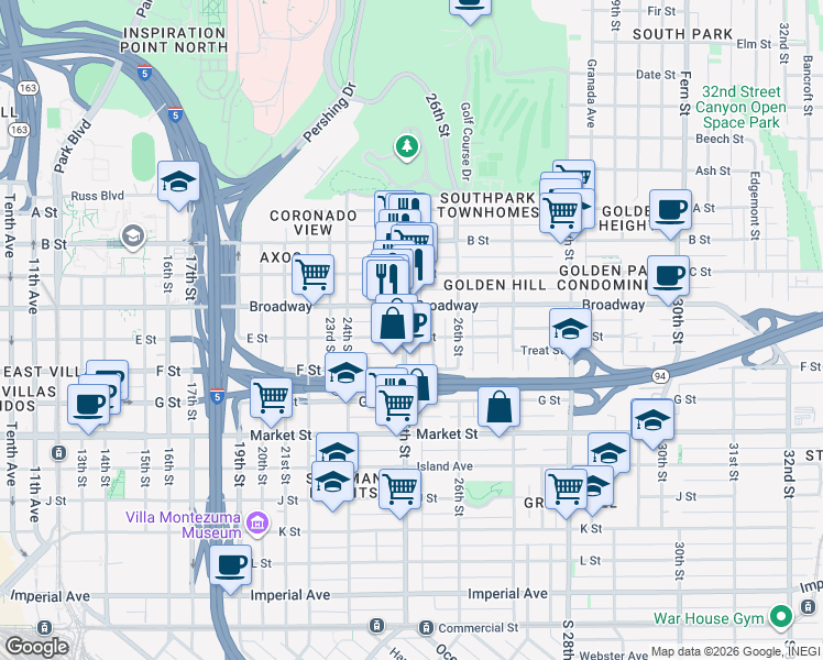 map of restaurants, bars, coffee shops, grocery stores, and more near 2532 E Street in San Diego
