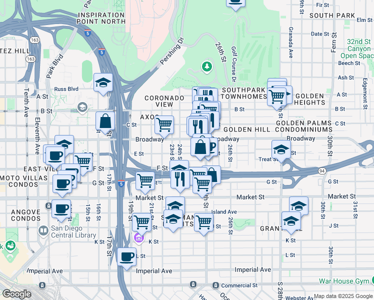 map of restaurants, bars, coffee shops, grocery stores, and more near 906 24th Street in San Diego