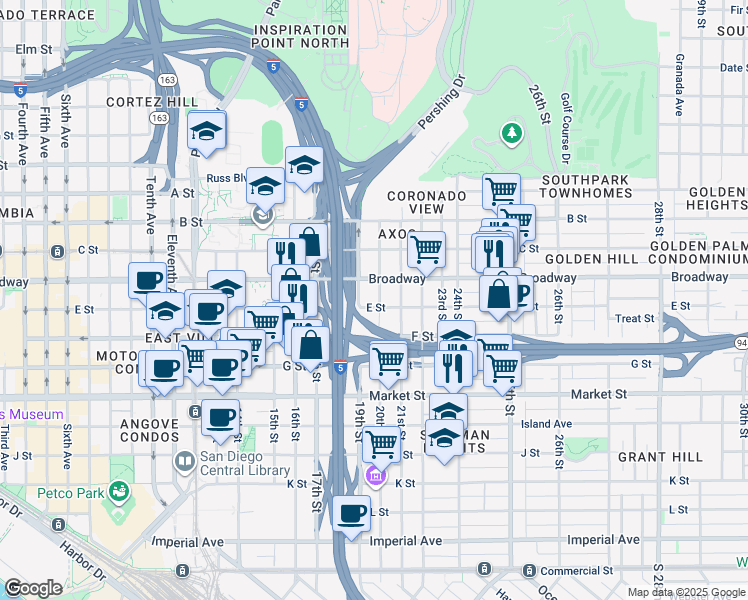 map of restaurants, bars, coffee shops, grocery stores, and more near 917 20th Street in San Diego