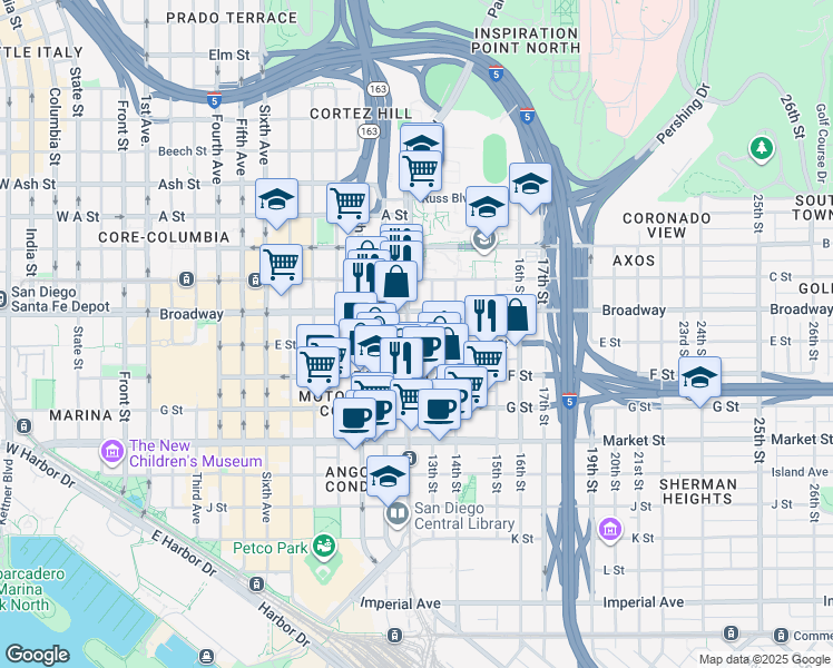 map of restaurants, bars, coffee shops, grocery stores, and more near 901 12th Avenue in San Diego