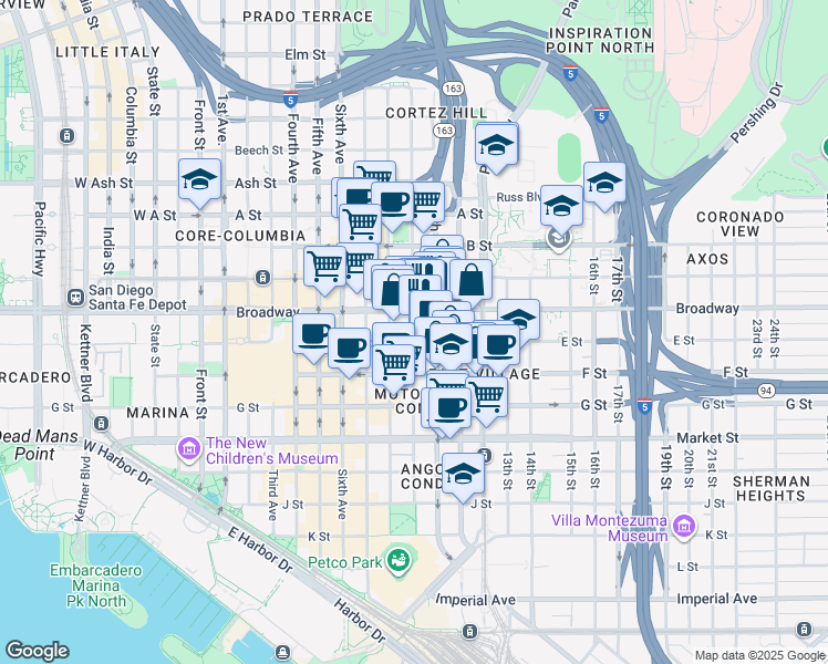 map of restaurants, bars, coffee shops, grocery stores, and more near 947 E Street in San Diego
