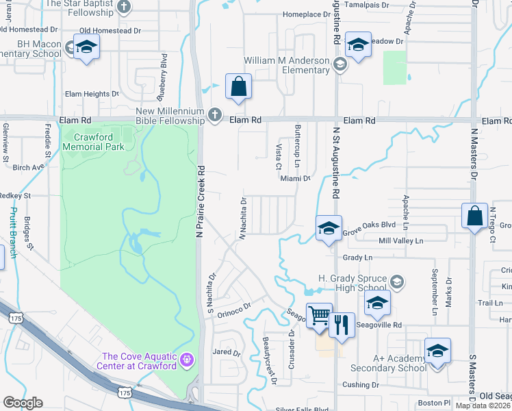 map of restaurants, bars, coffee shops, grocery stores, and more near 250 Prairie Grove Drive in Dallas