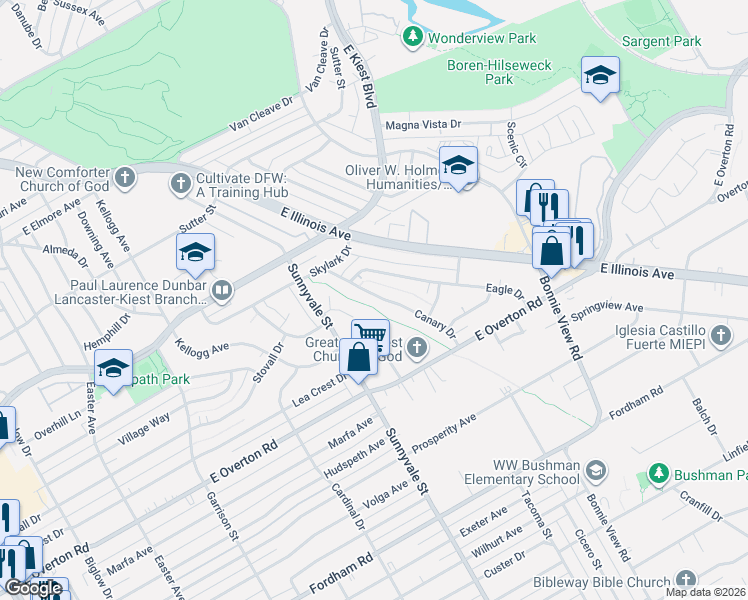 map of restaurants, bars, coffee shops, grocery stores, and more near 2716 Canary Drive in Dallas