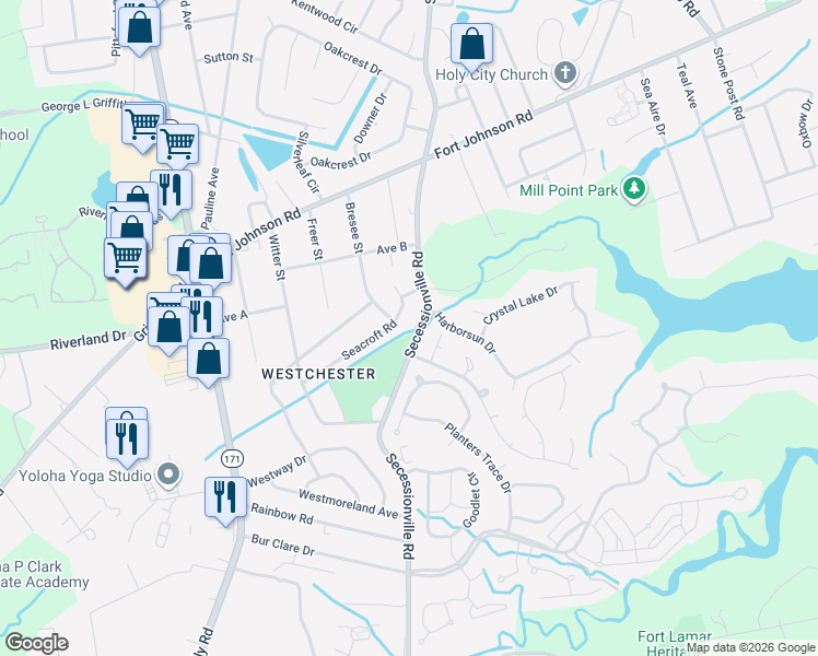 map of restaurants, bars, coffee shops, grocery stores, and more near 1395 Secessionville Road in Charleston