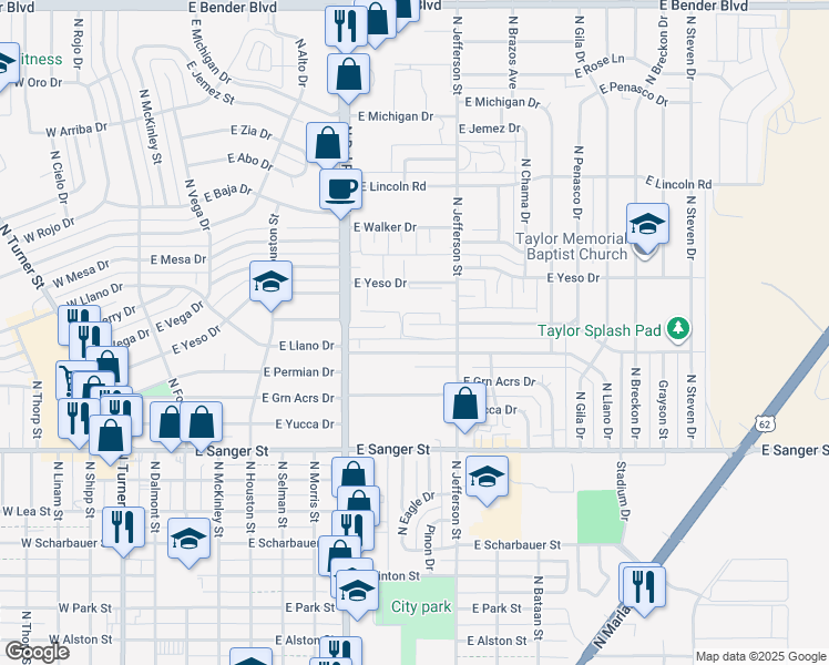 map of restaurants, bars, coffee shops, grocery stores, and more near 106 Jefferson Pl in Hobbs