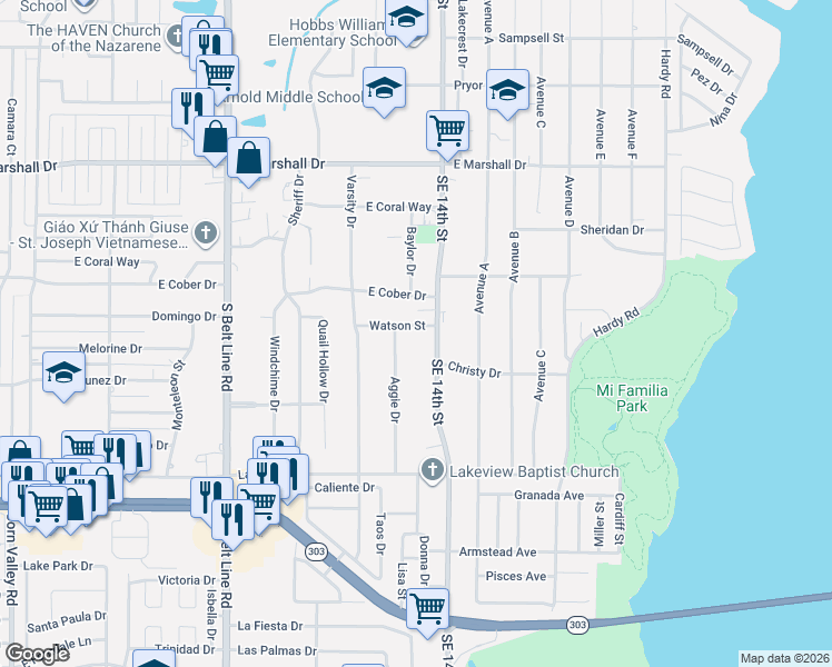 map of restaurants, bars, coffee shops, grocery stores, and more near 1317 Watson Street in Grand Prairie