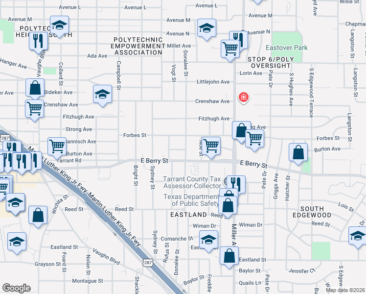 map of restaurants, bars, coffee shops, grocery stores, and more near 3024 Donalee Street in Fort Worth