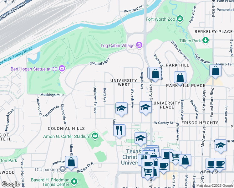 map of restaurants, bars, coffee shops, grocery stores, and more near 2537 Stadium Dr in Fort Worth