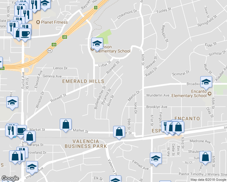 map of restaurants, bars, coffee shops, grocery stores, and more near 912 Alvin Street in San Diego
