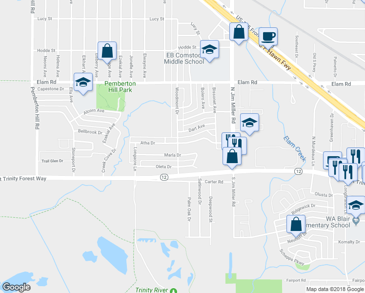 map of restaurants, bars, coffee shops, grocery stores, and more near 6810 Atha Drive in Dallas