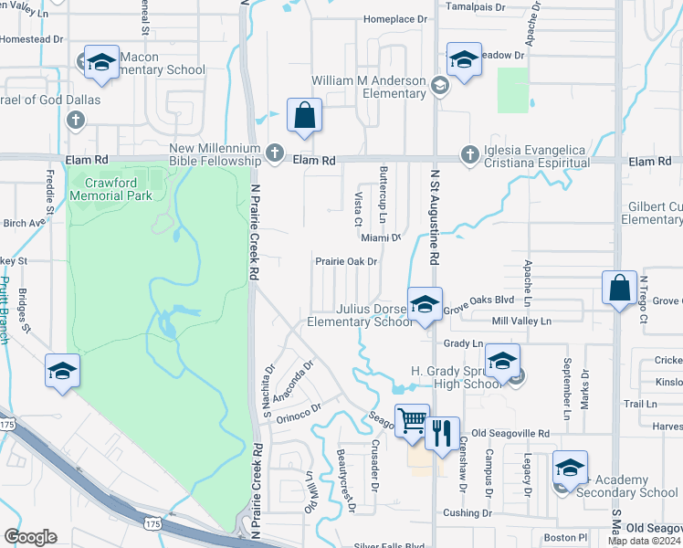 map of restaurants, bars, coffee shops, grocery stores, and more near 250 Prairie Grove Drive in Dallas