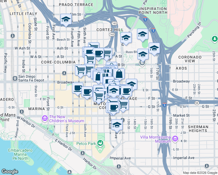 map of restaurants, bars, coffee shops, grocery stores, and more near 906 10th Avenue in San Diego
