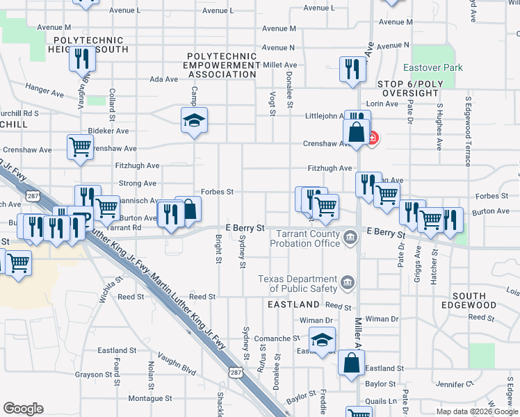 map of restaurants, bars, coffee shops, grocery stores, and more near 3116 Rufus Street in Fort Worth
