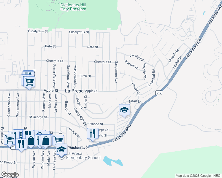 map of restaurants, bars, coffee shops, grocery stores, and more near 1011 Cuyamaca Avenue in Spring Valley