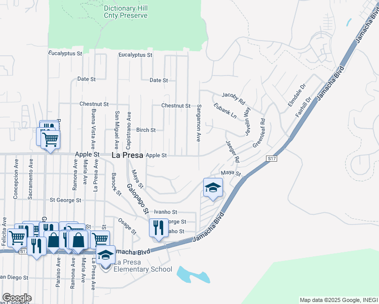 map of restaurants, bars, coffee shops, grocery stores, and more near 1011 Cuyamaca Avenue in Spring Valley