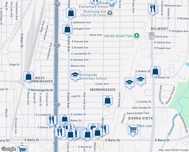 map of restaurants, bars, coffee shops, grocery stores, and more near 1037 East Robert Street in Fort Worth