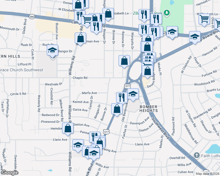 map of restaurants, bars, coffee shops, grocery stores, and more near 3820 Bonnie Drive in Fort Worth