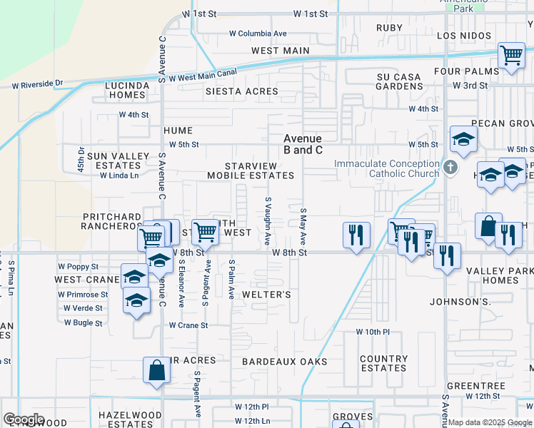 map of restaurants, bars, coffee shops, grocery stores, and more near 694 South Vaughn Avenue in Yuma