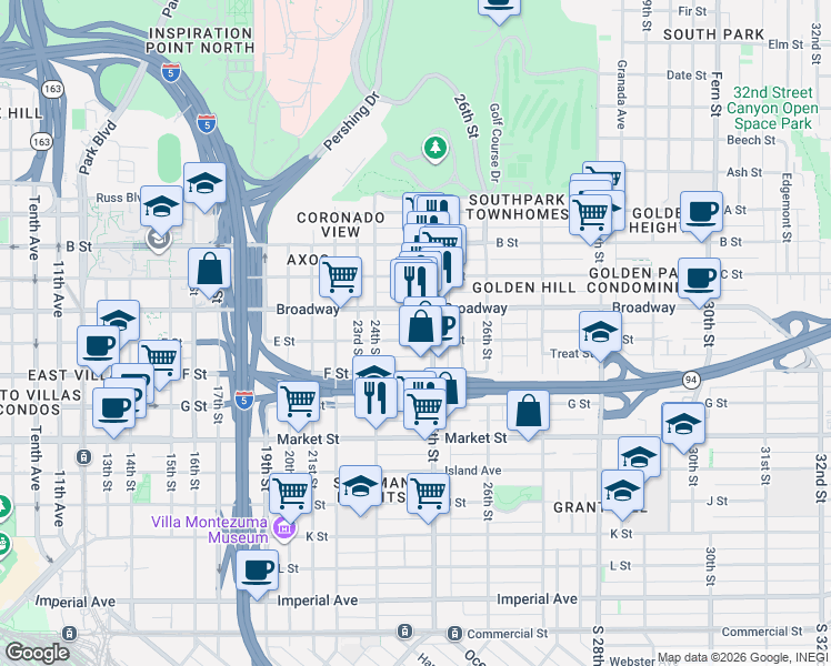 map of restaurants, bars, coffee shops, grocery stores, and more near 2472 E Street in San Diego
