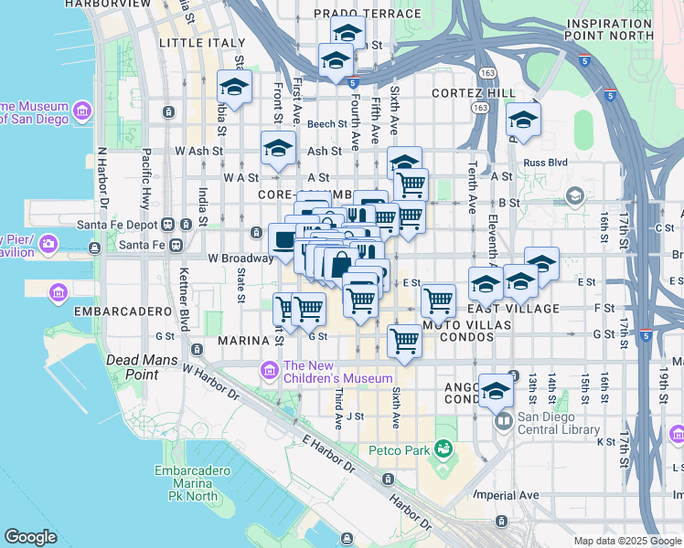 map of restaurants, bars, coffee shops, grocery stores, and more near 755 Broadway Circle in San Diego