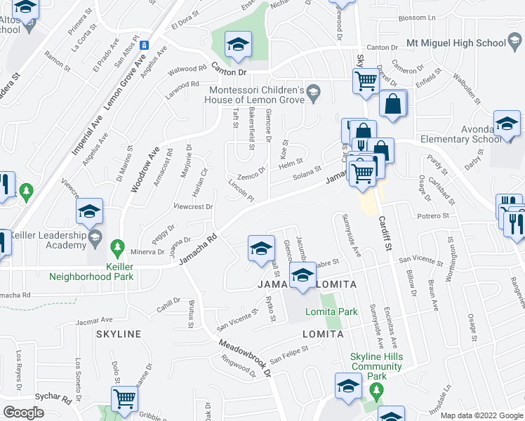 map of restaurants, bars, coffee shops, grocery stores, and more near 7939 Jamacha Road in San Diego