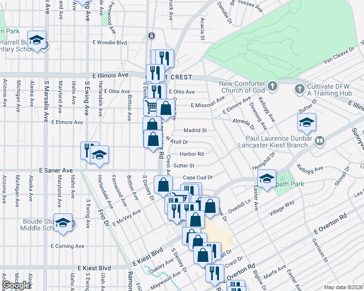 map of restaurants, bars, coffee shops, grocery stores, and more near 1524 North Atoll Drive in Dallas