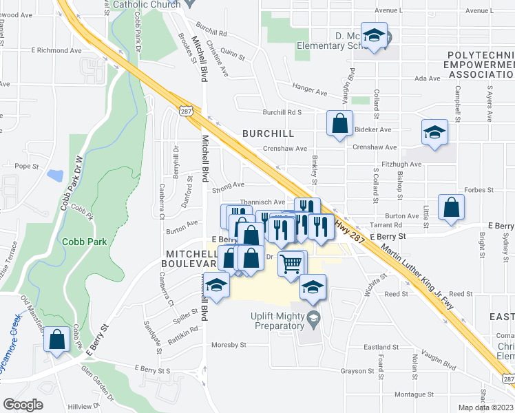 map of restaurants, bars, coffee shops, grocery stores, and more near 2720 Thannisch Avenue in Fort Worth