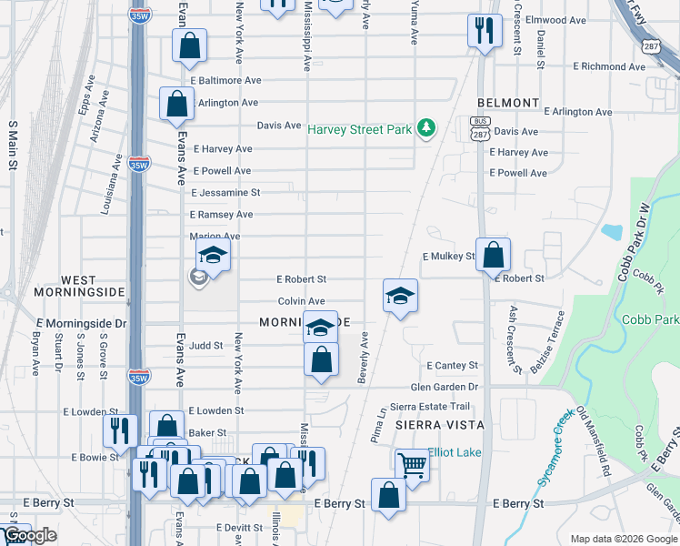 map of restaurants, bars, coffee shops, grocery stores, and more near 1237 East Robert Street in Fort Worth