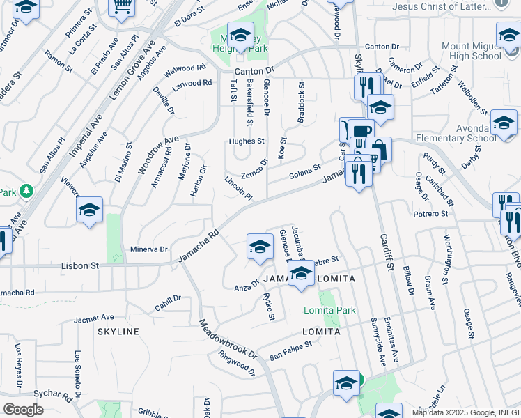 map of restaurants, bars, coffee shops, grocery stores, and more near 7793 Jamacha Road in San Diego